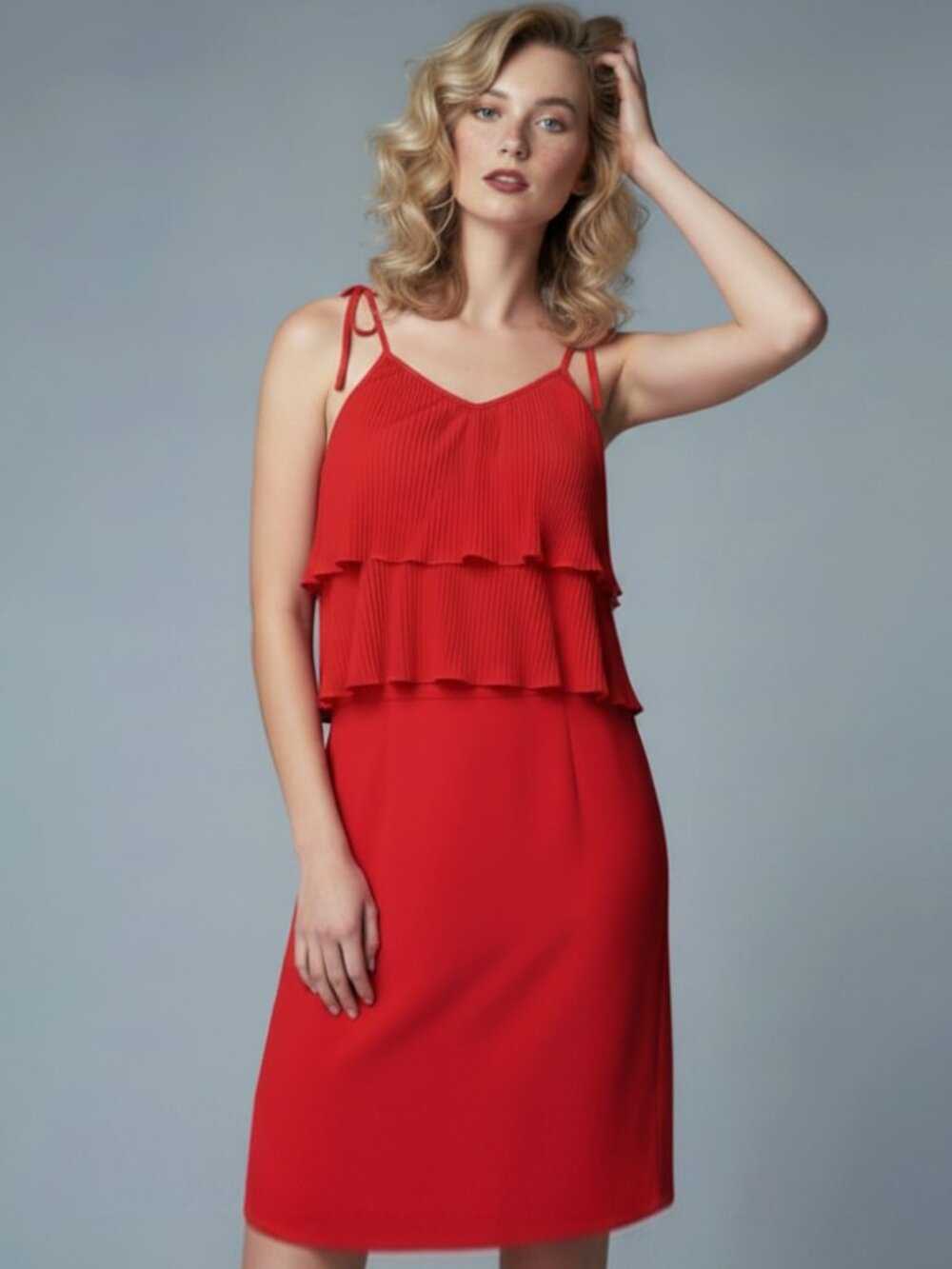 S Vintage 1970s Jack Hartley Red Pleated Tiered Sun Dress 70s